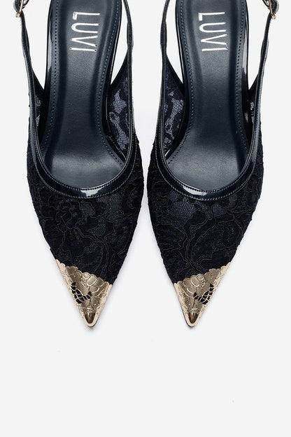 CLEM - Navy Lace-Detail Gold Toe Heeled Pump (Women)