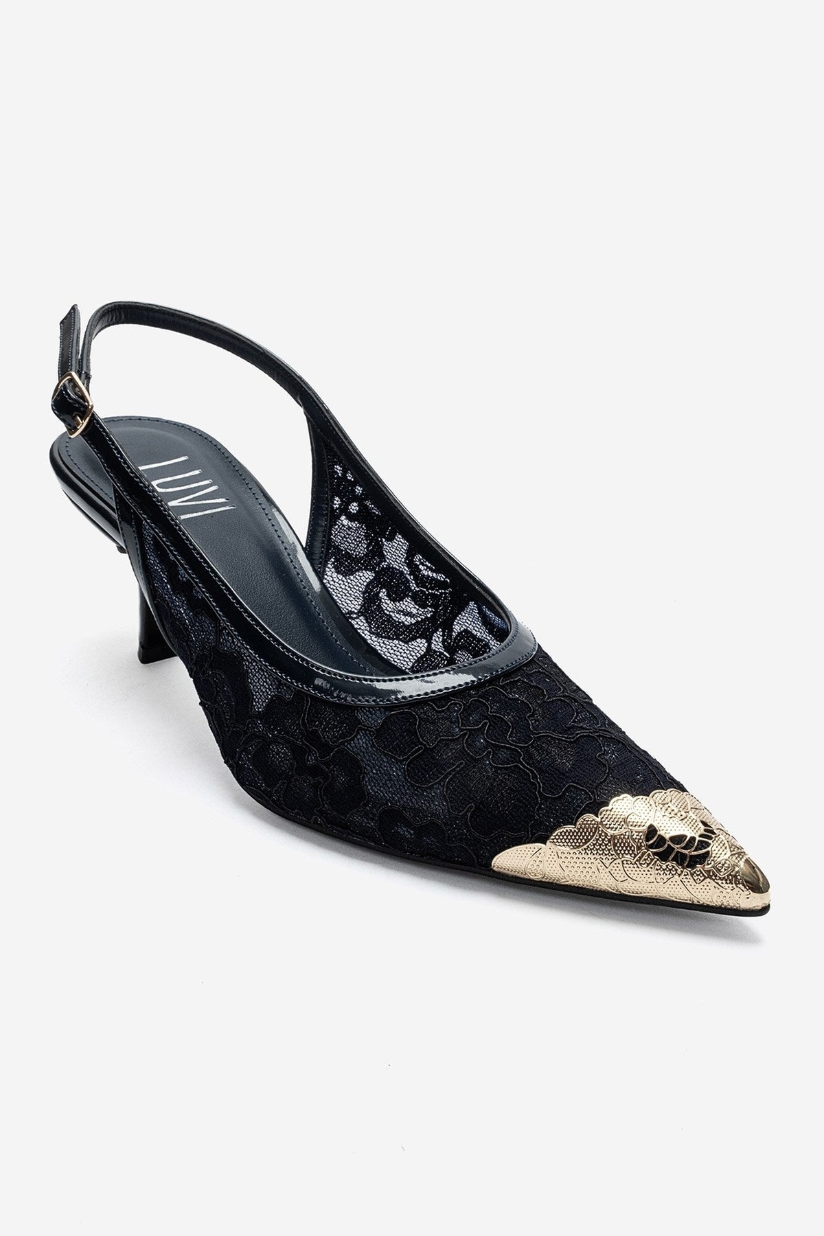 CLEM - Navy Lace-Detail Gold Toe Heeled Pump (Women)