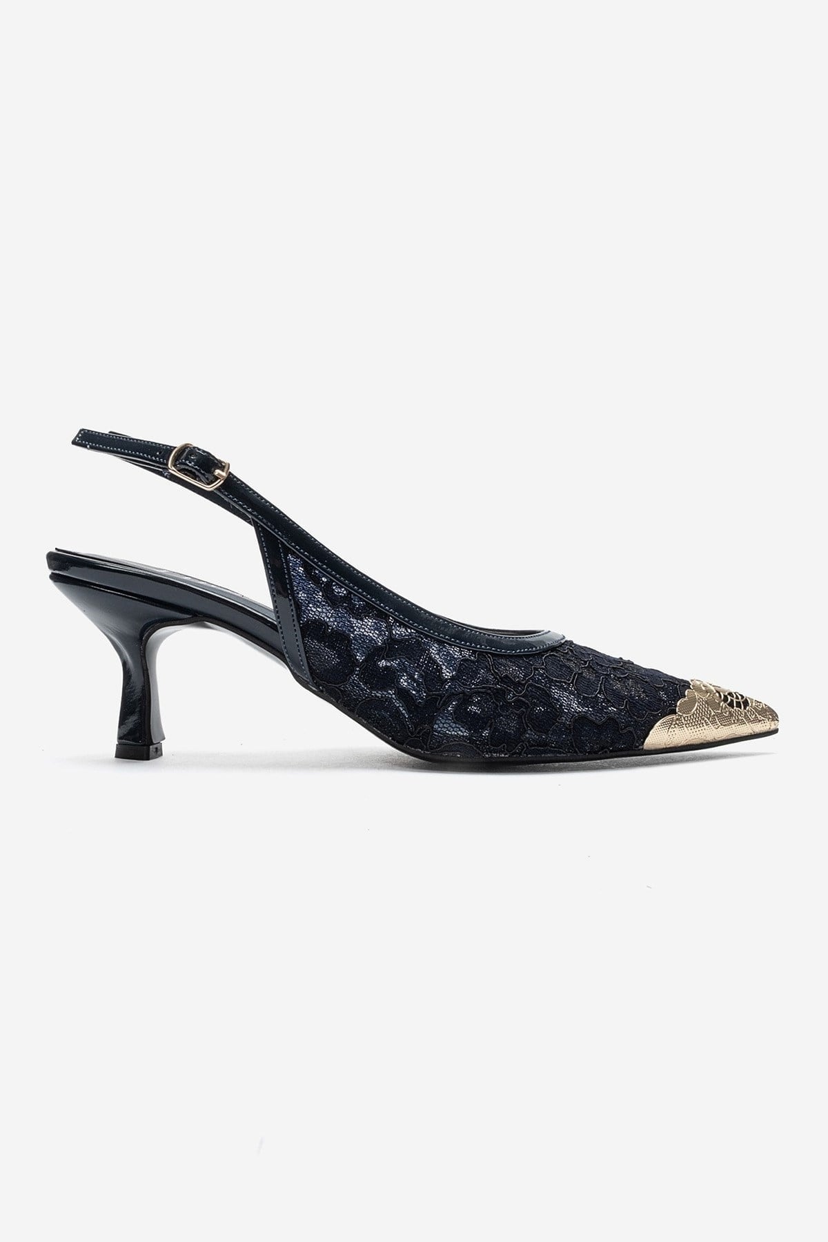 CLEM - Navy Lace-Detail Gold Toe Heeled Pump (Women)