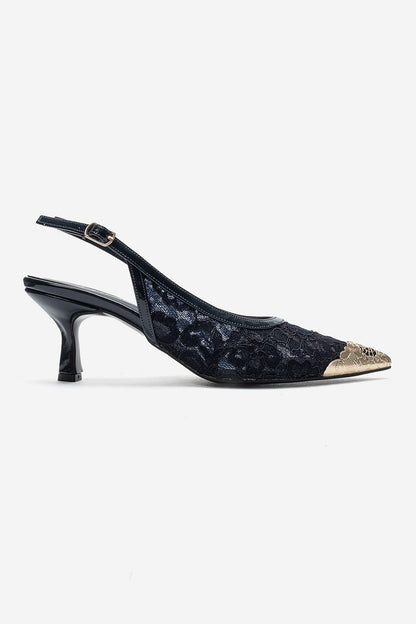 CLEM - Navy Lace-Detail Gold Toe Heeled Pump (Women)