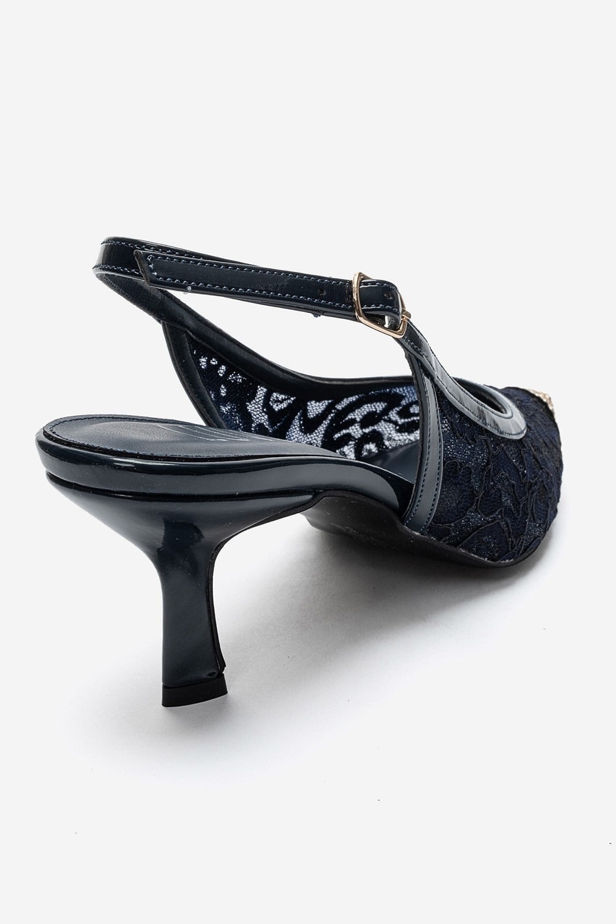 CLEM - Navy Lace-Detail Gold Toe Heeled Pump (Women)