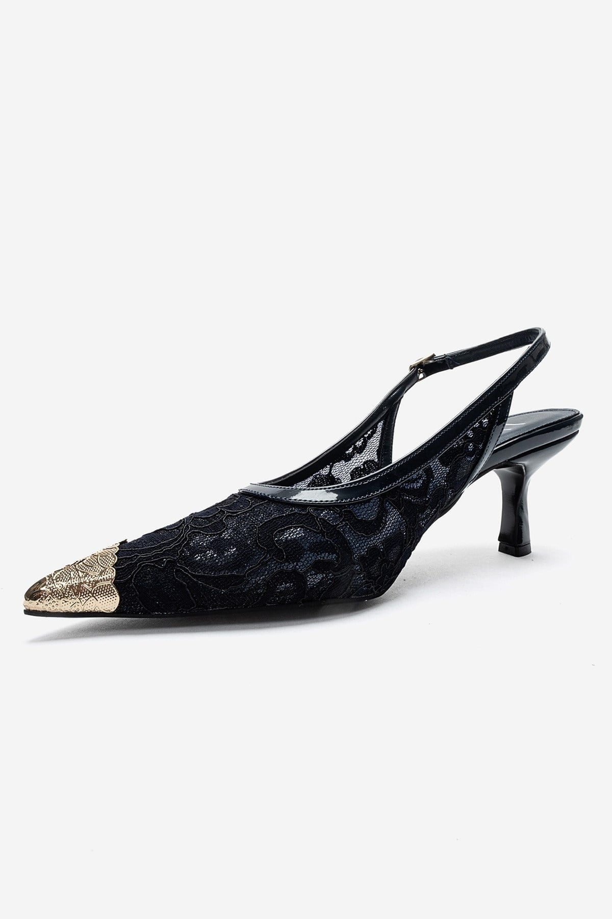 CLEM - Navy Lace-Detail Gold Toe Heeled Pump (Women)