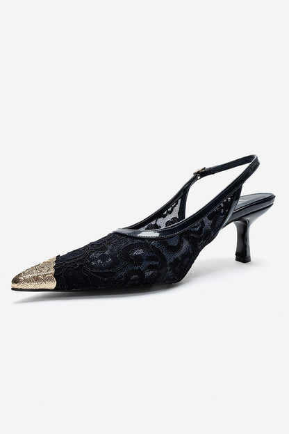 CLEM - Navy Lace-Detail Gold Toe Heeled Pump (Women)