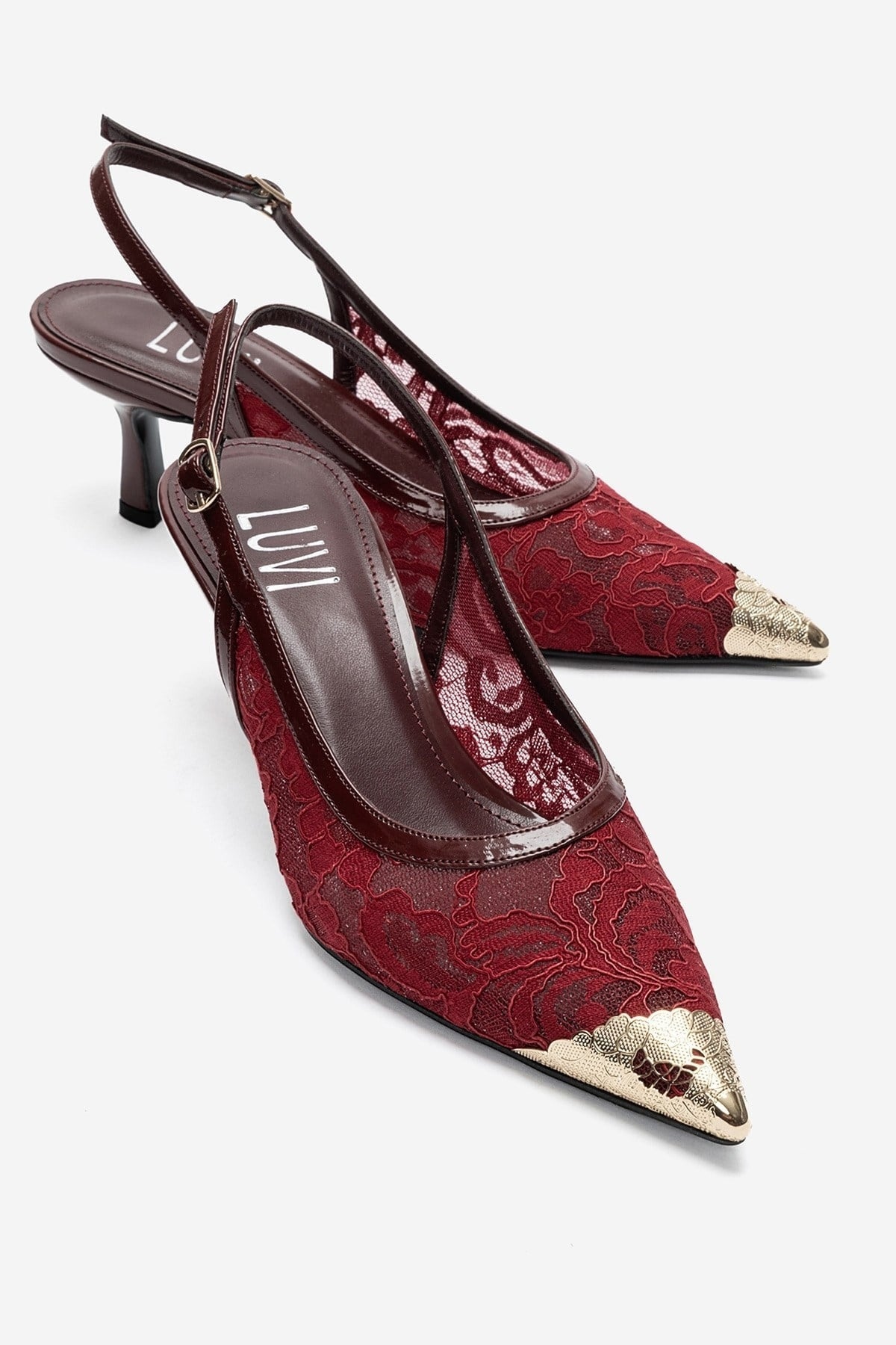 CLEM - Burgundy Lace-Detail Gold Toe Heeled Pump (Women)