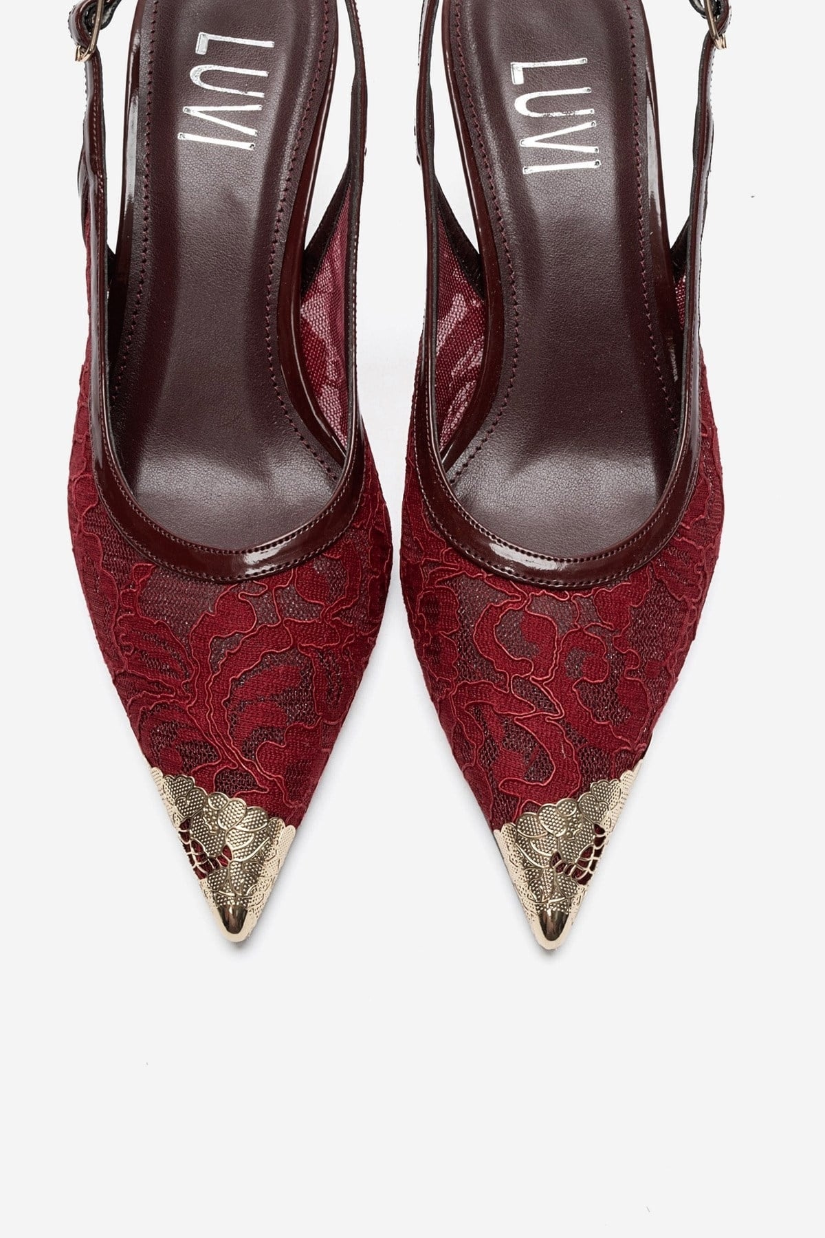 CLEM - Burgundy Lace-Detail Gold Toe Heeled Pump (Women)