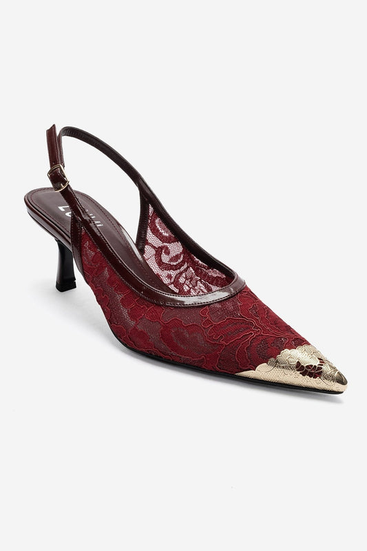 CLEM - Burgundy Lace-Detail Gold Toe Heeled Pump (Women)