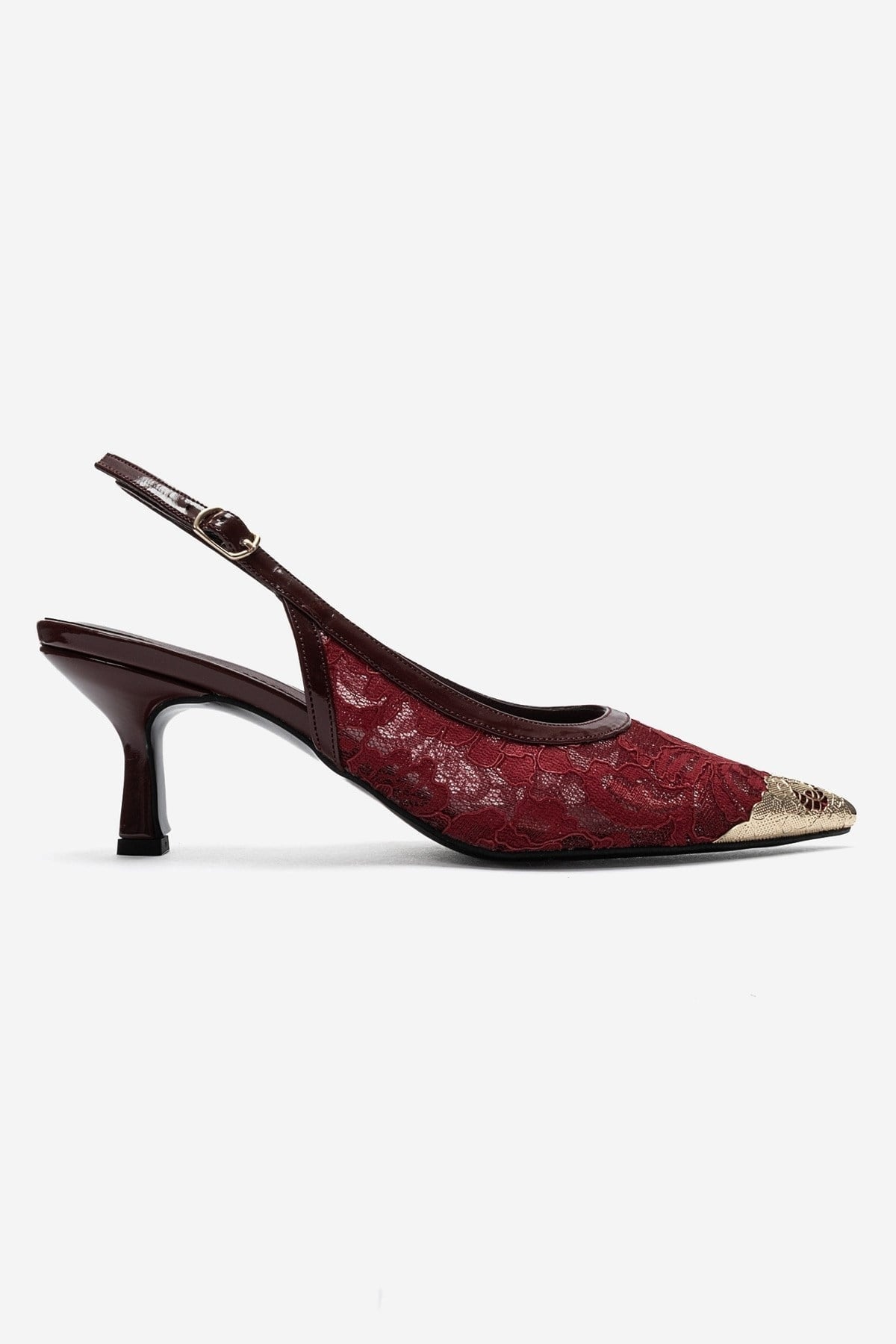 CLEM - Burgundy Lace-Detail Gold Toe Heeled Pump (Women)