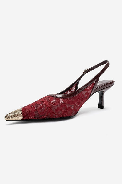 CLEM - Burgundy Lace-Detail Gold Toe Heeled Pump (Women)