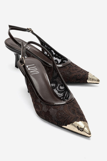 CLEM - Brown Lace-Detail Gold Toe Heeled Pump (Women)