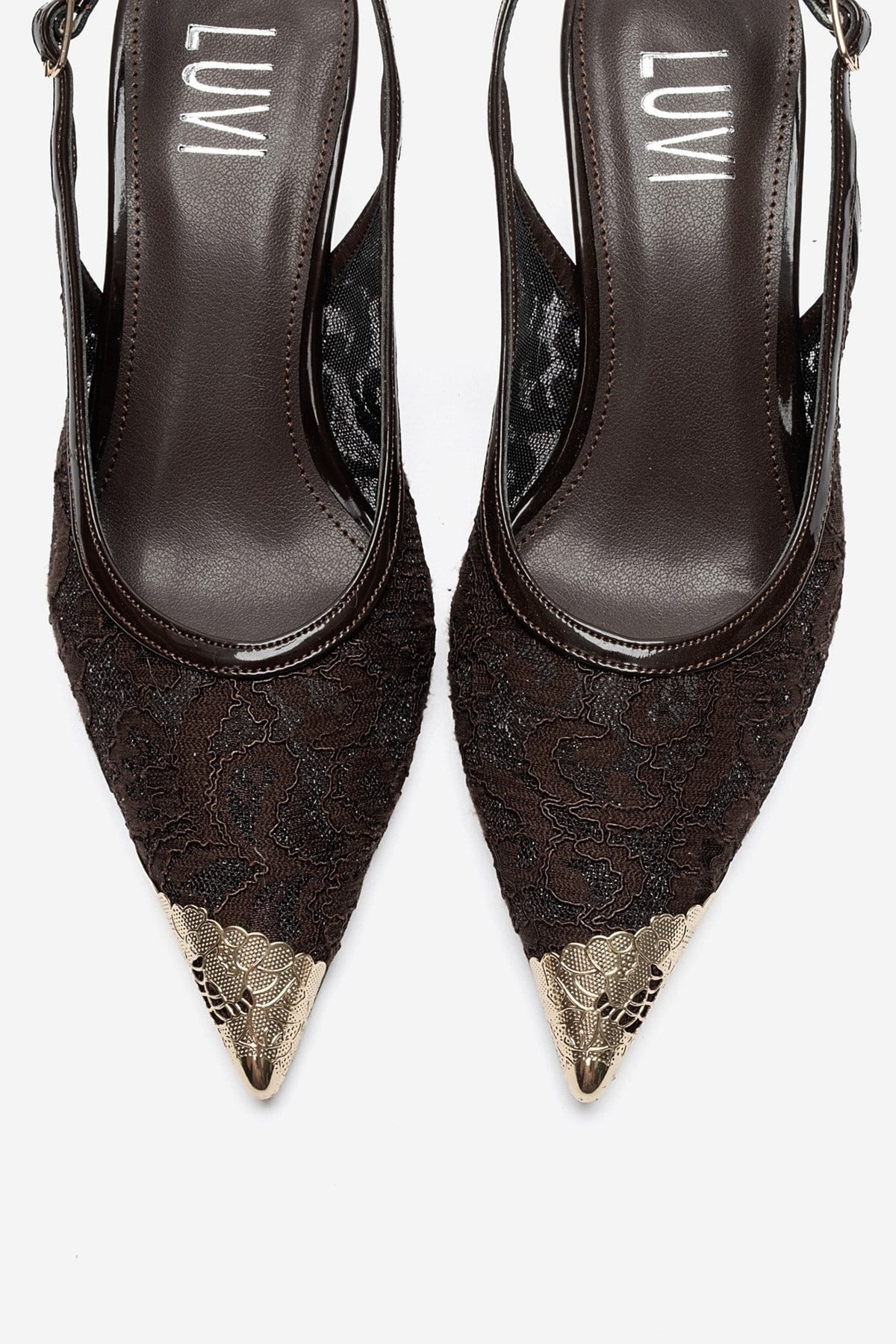CLEM - Brown Lace-Detail Gold Toe Heeled Pump (Women)