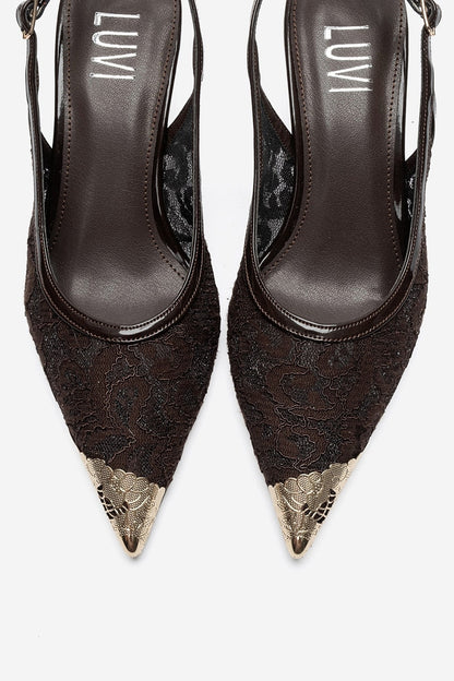 CLEM - Brown Lace-Detail Gold Toe Heeled Pump (Women)