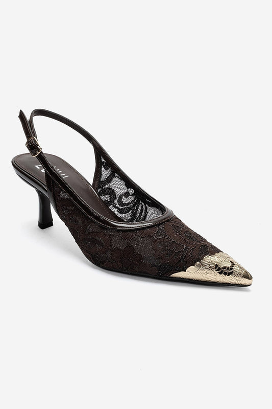 CLEM - Brown Lace-Detail Gold Toe Heeled Pump (Women)