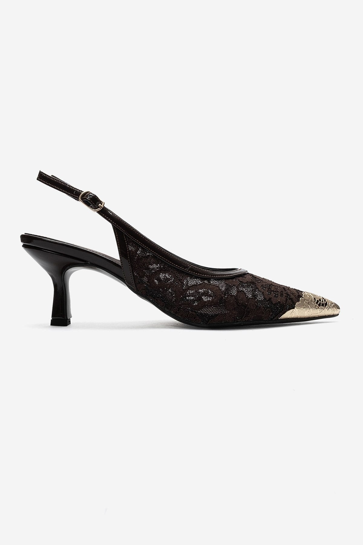 CLEM - Brown Lace-Detail Gold Toe Heeled Pump (Women)