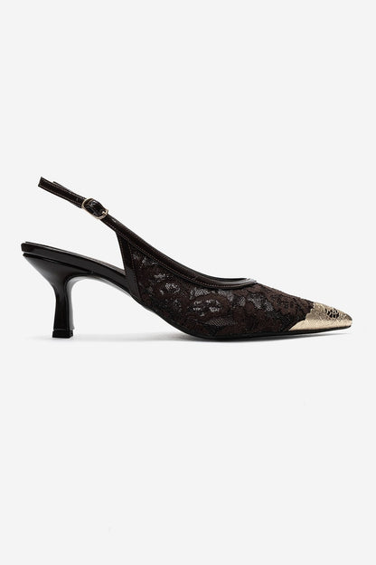 CLEM - Brown Lace-Detail Gold Toe Heeled Pump (Women)