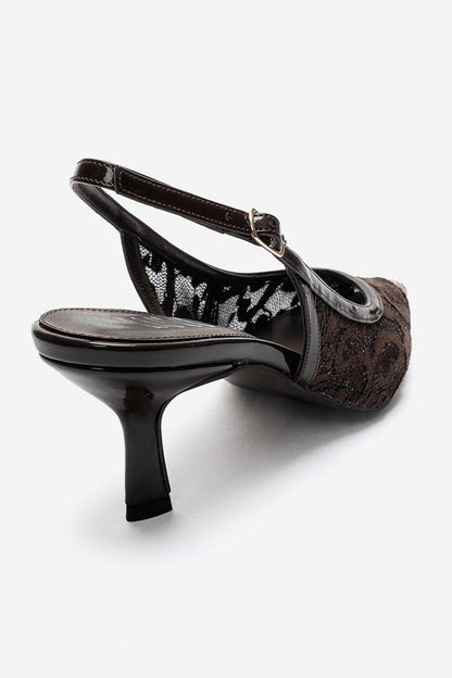 CLEM - Brown Lace-Detail Gold Toe Heeled Pump (Women)