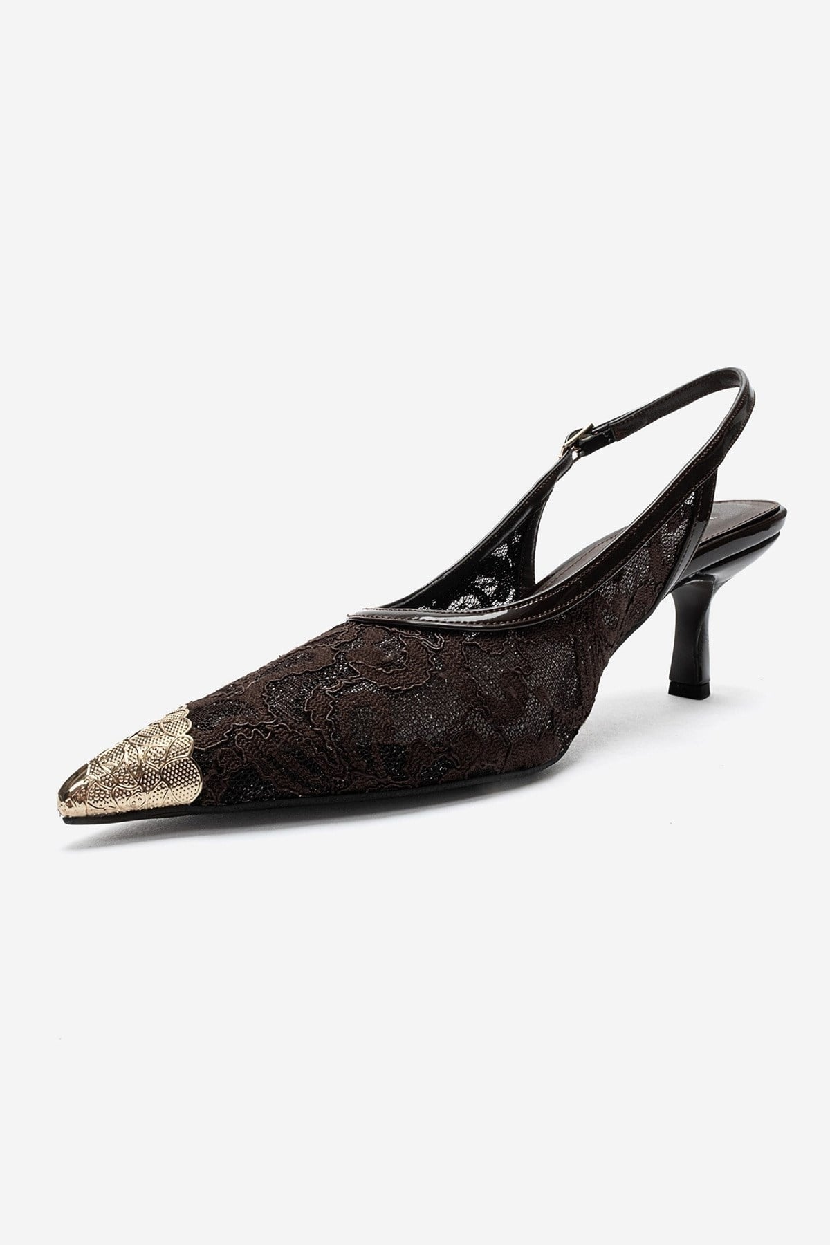 CLEM - Brown Lace-Detail Gold Toe Heeled Pump (Women)