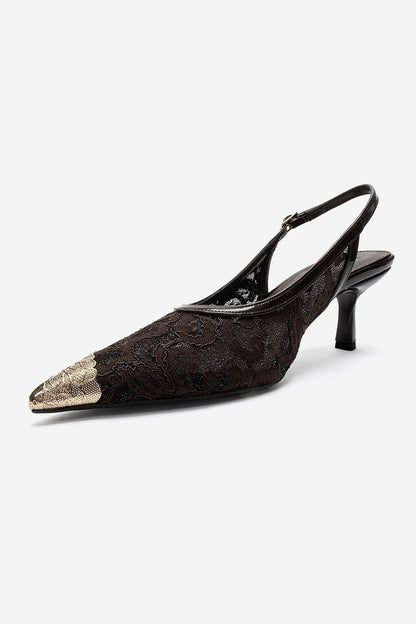 CLEM - Brown Lace-Detail Gold Toe Heeled Pump (Women)