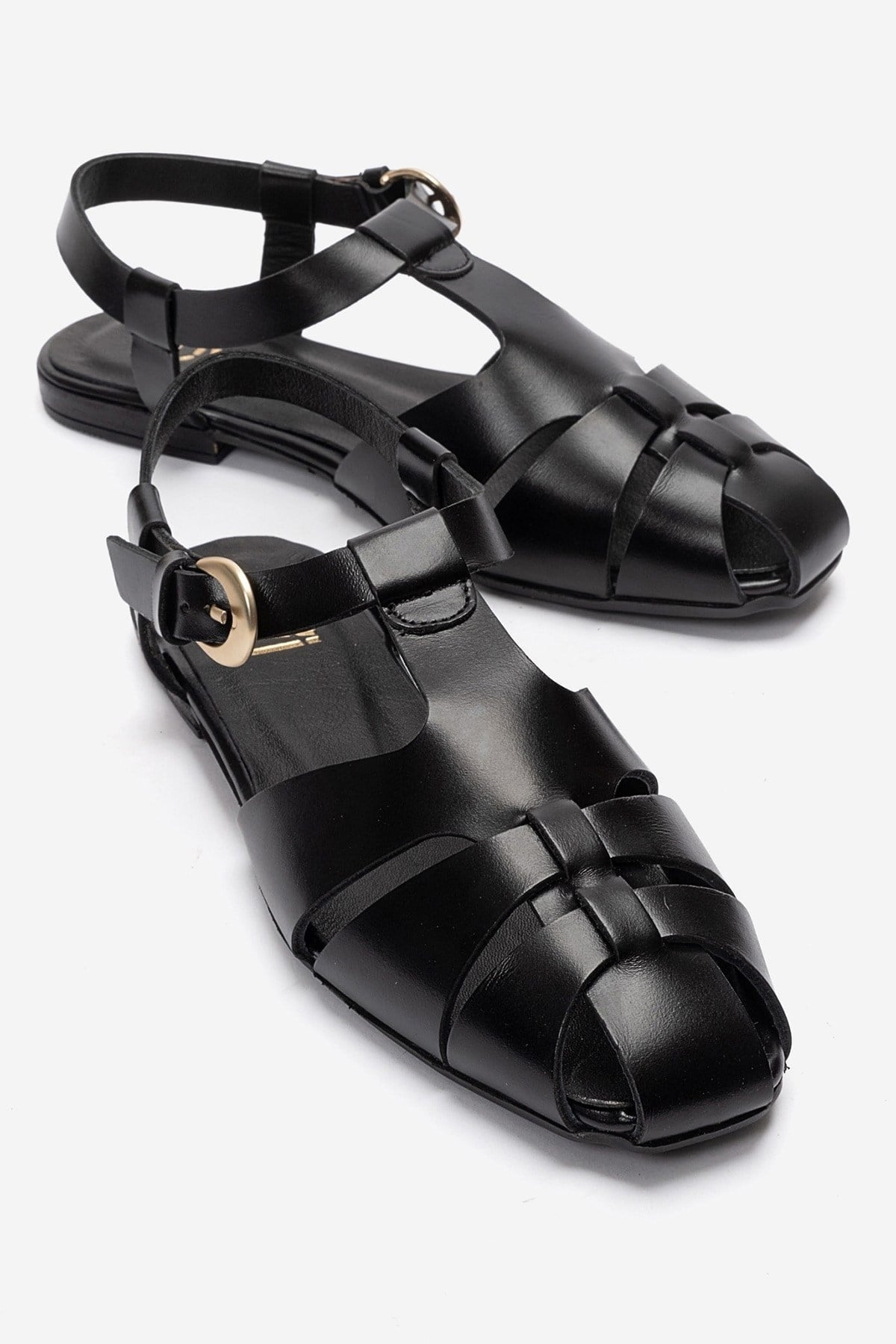 JANDOR - Black Genuine Leather Ankle-Strap Flat Sandal (Women)