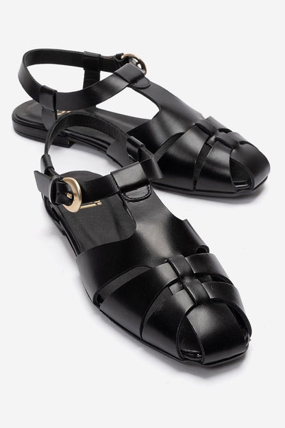 JANDOR - Black Genuine Leather Ankle-Strap Flat Sandal (Women)