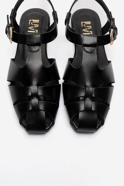 JANDOR - Black Genuine Leather Ankle-Strap Flat Sandal (Women)