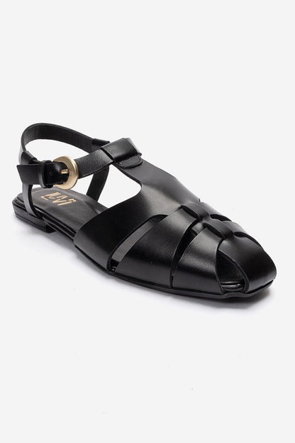 JANDOR - Black Genuine Leather Ankle-Strap Flat Sandal (Women)
