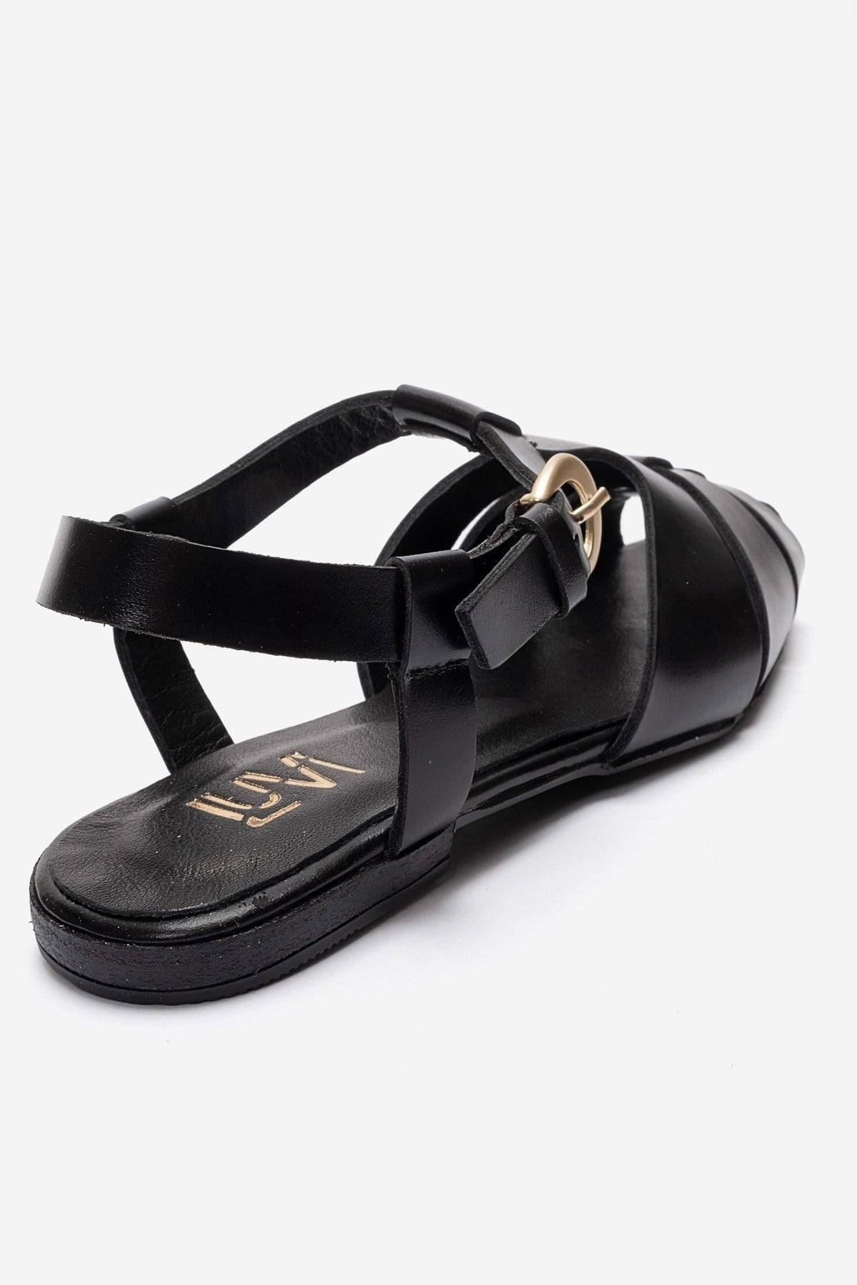 JANDOR - Black Genuine Leather Ankle-Strap Flat Sandal (Women)