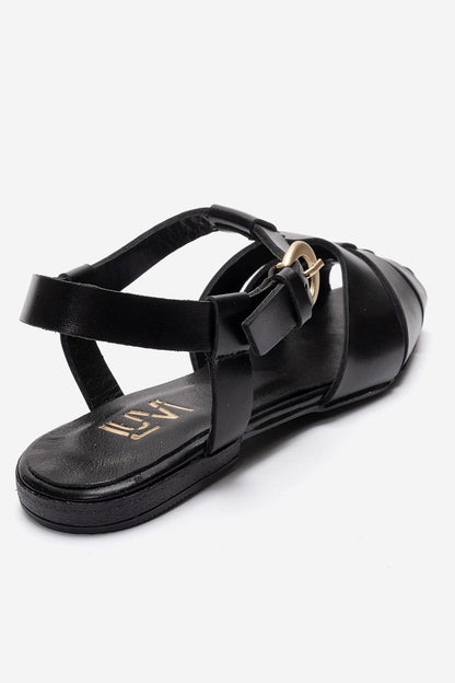 JANDOR - Black Genuine Leather Ankle-Strap Flat Sandal (Women)