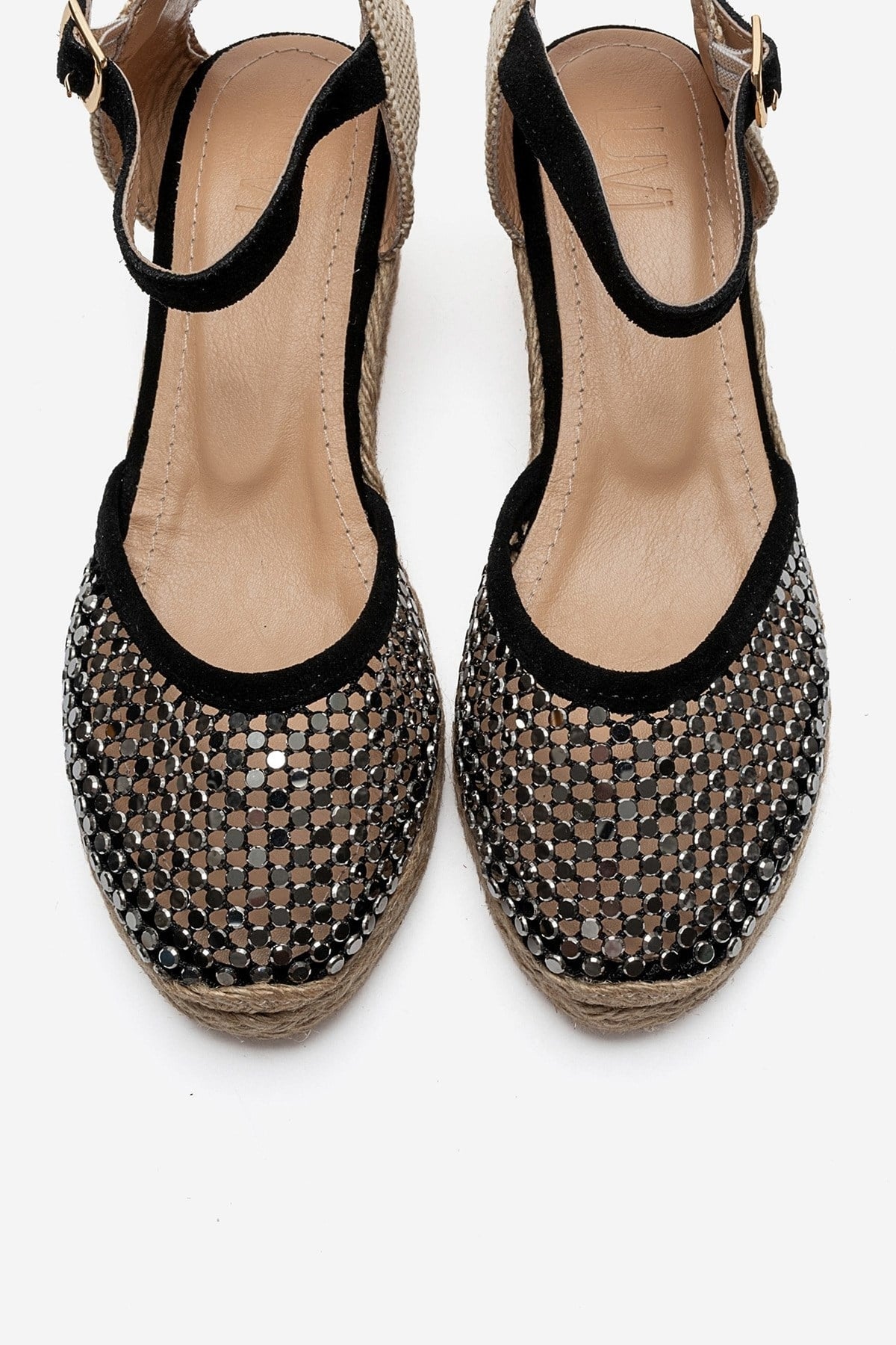 DRELIX - Black Genuine Leather Wedge Heel Espadrille Sandal (Women)