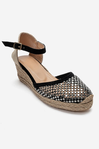 DRELIX - Black Genuine Leather Wedge Heel Espadrille Sandal (Women)
