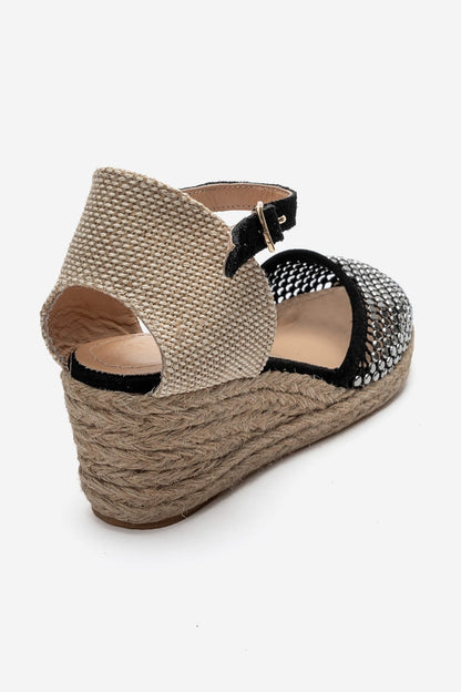 DRELIX - Black Genuine Leather Wedge Heel Espadrille Sandal (Women)