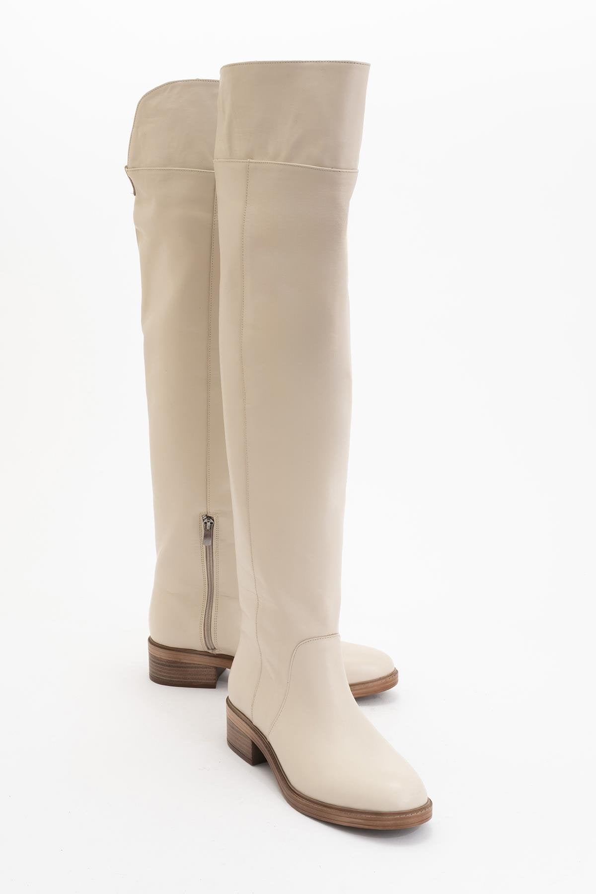 Petya - Beige Leather Over the Knee Boot (Women)