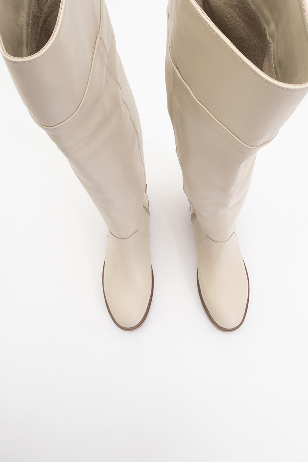 Petya - Beige Leather Over the Knee Boot (Women)