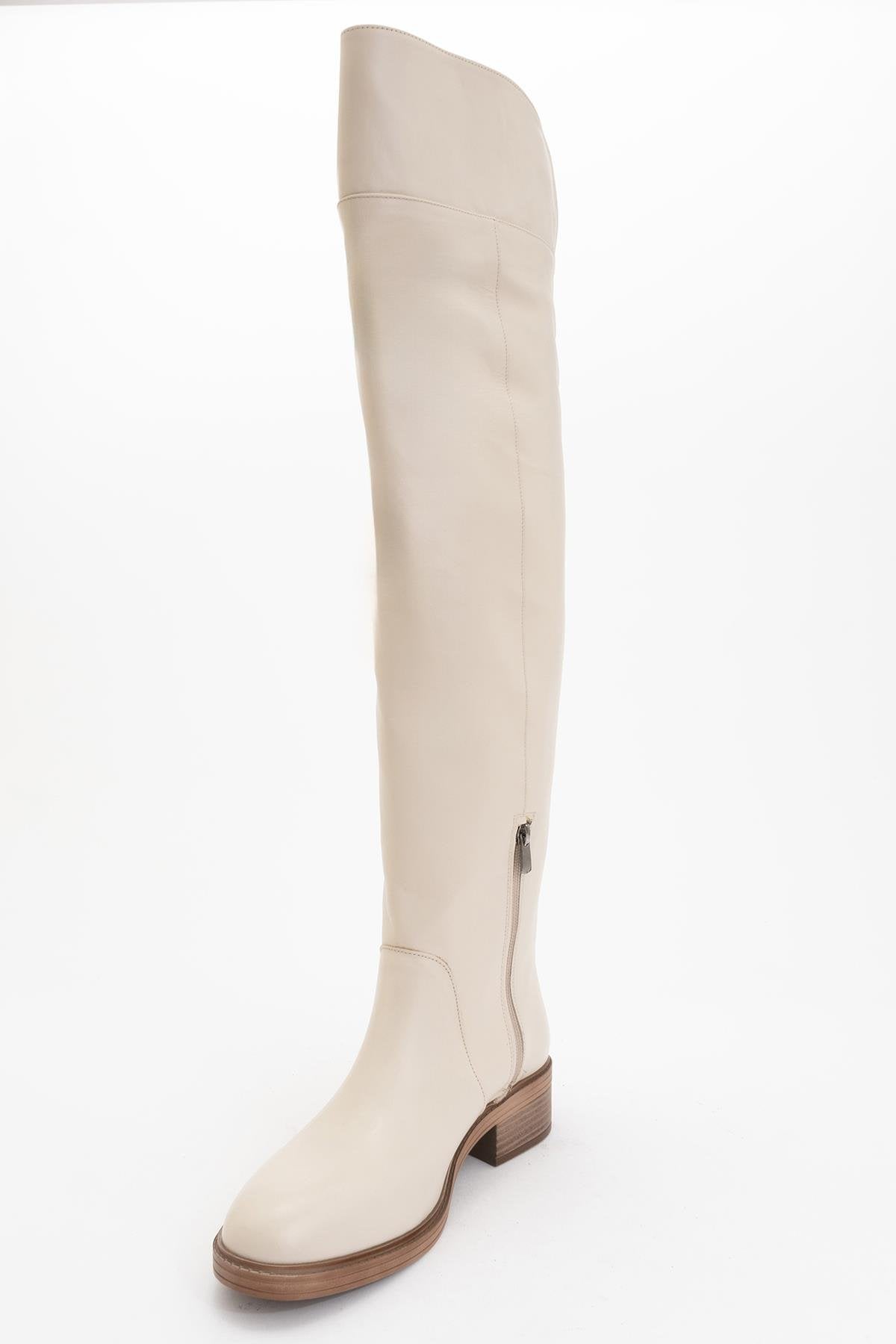 Petya - Beige Leather Over the Knee Boot (Women)
