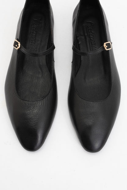 Lara - Black Leather Mary Jane Flats