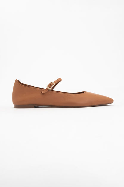 Lara - Cognac Brown Leather Mary Jane Flats