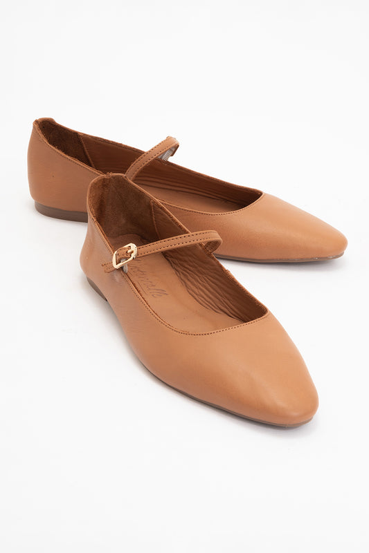 Lara - Cognac Brown Leather Mary Jane Flats