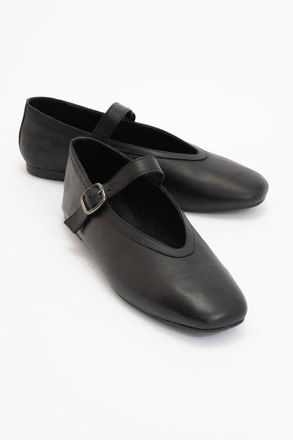 Matilda - Black Leather Mary Jane Flats