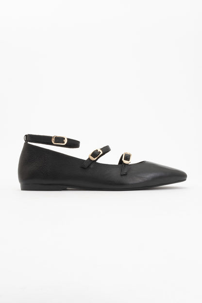 Serena - Black Leather Mary Jane Flats