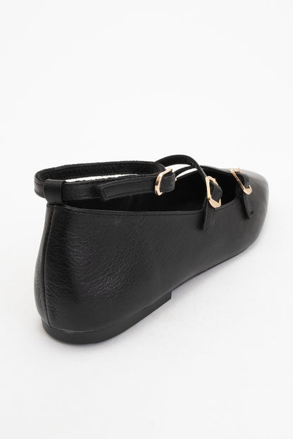 Serena - Black Leather Mary Jane Flats