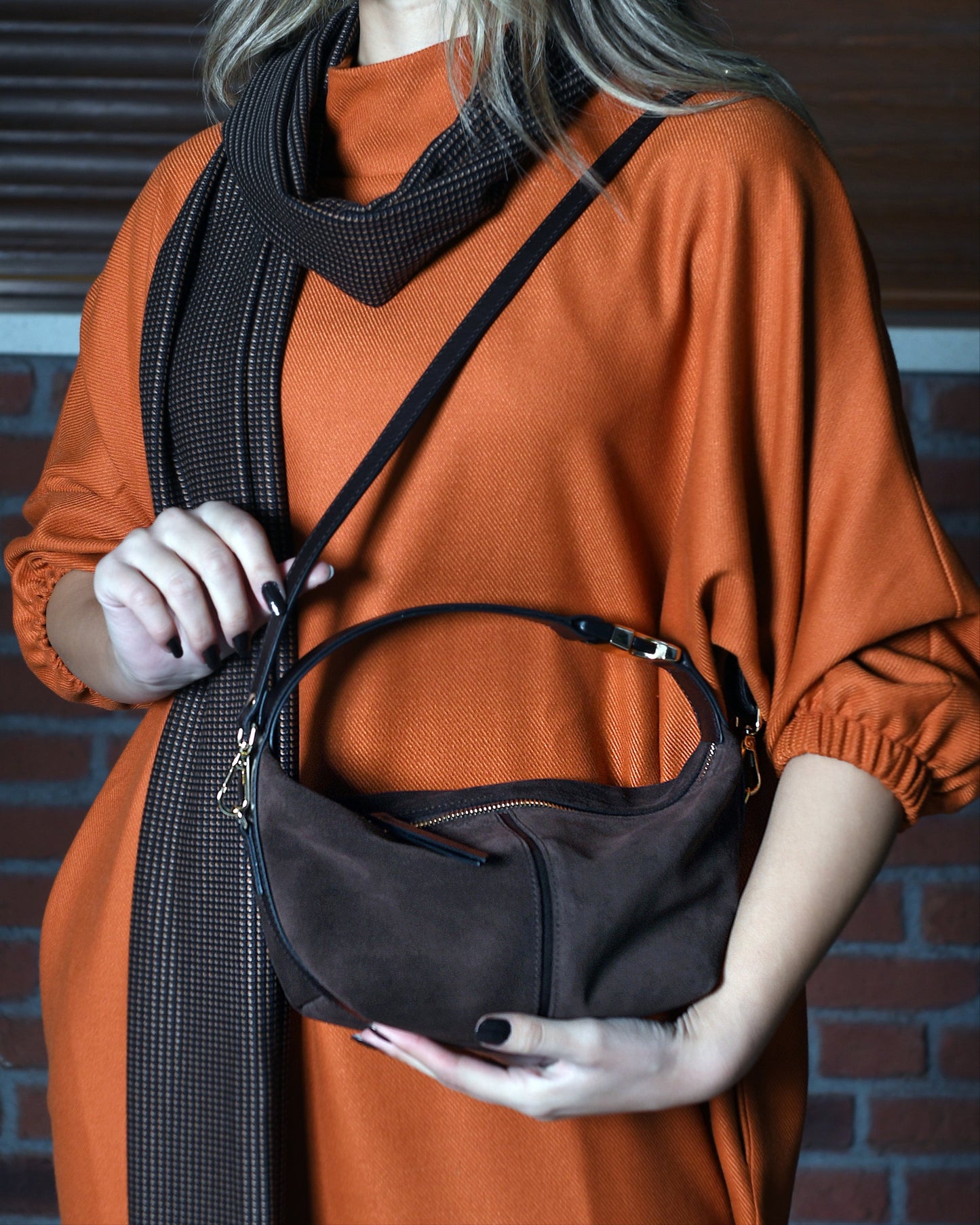 Leona - Dark Brown Suede Leather Crossbody Bag