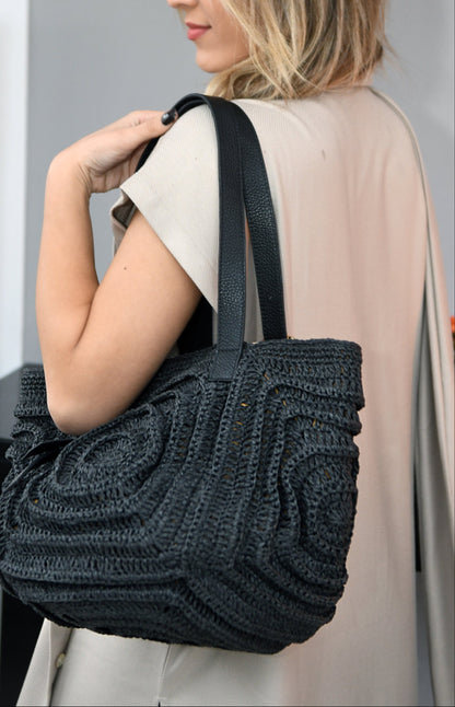 Giorgia - Black Woven Shoulder Bag with Leather Straps