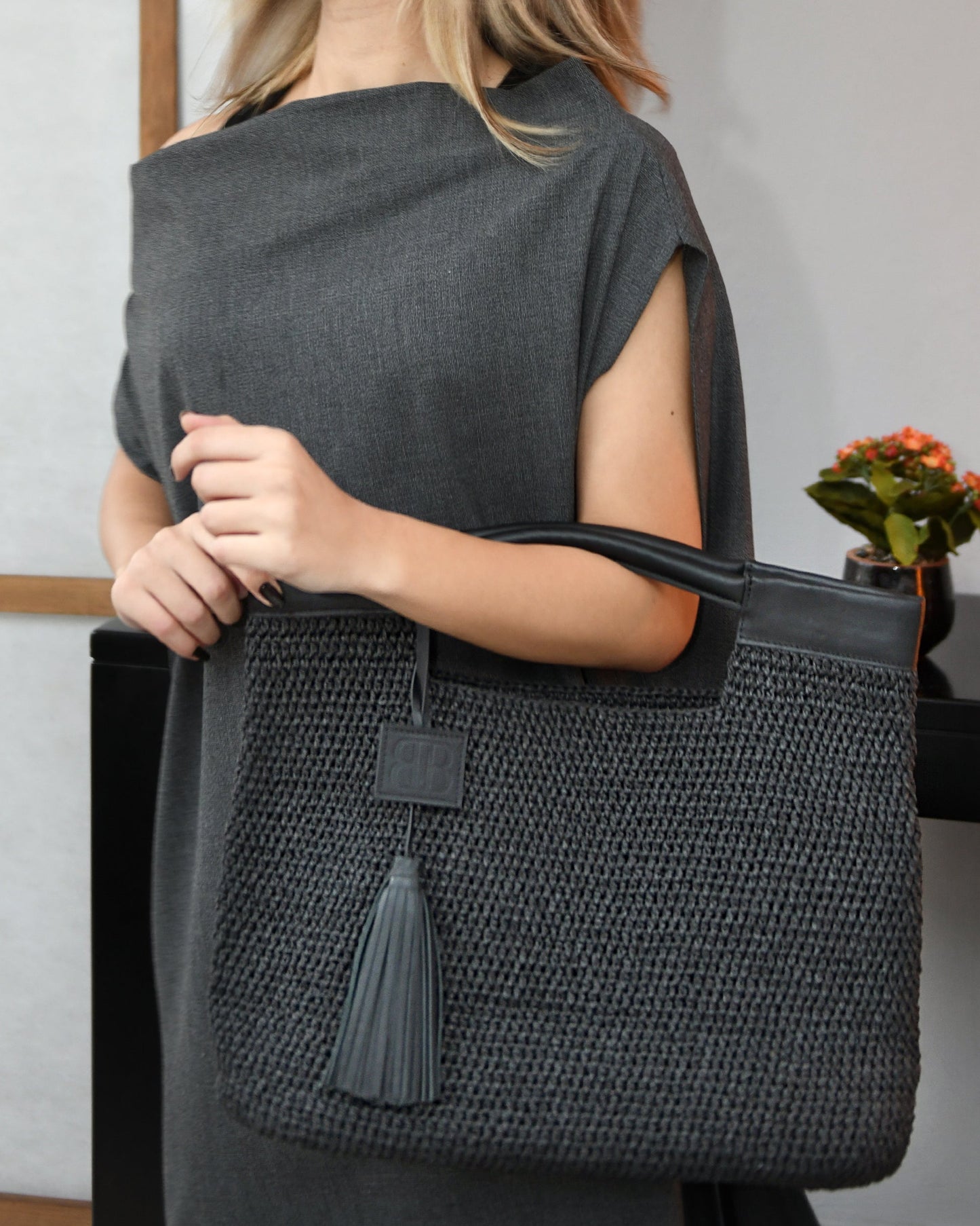 Gabriella - Black Hand Woven Shoulder Bag with Leather Straps