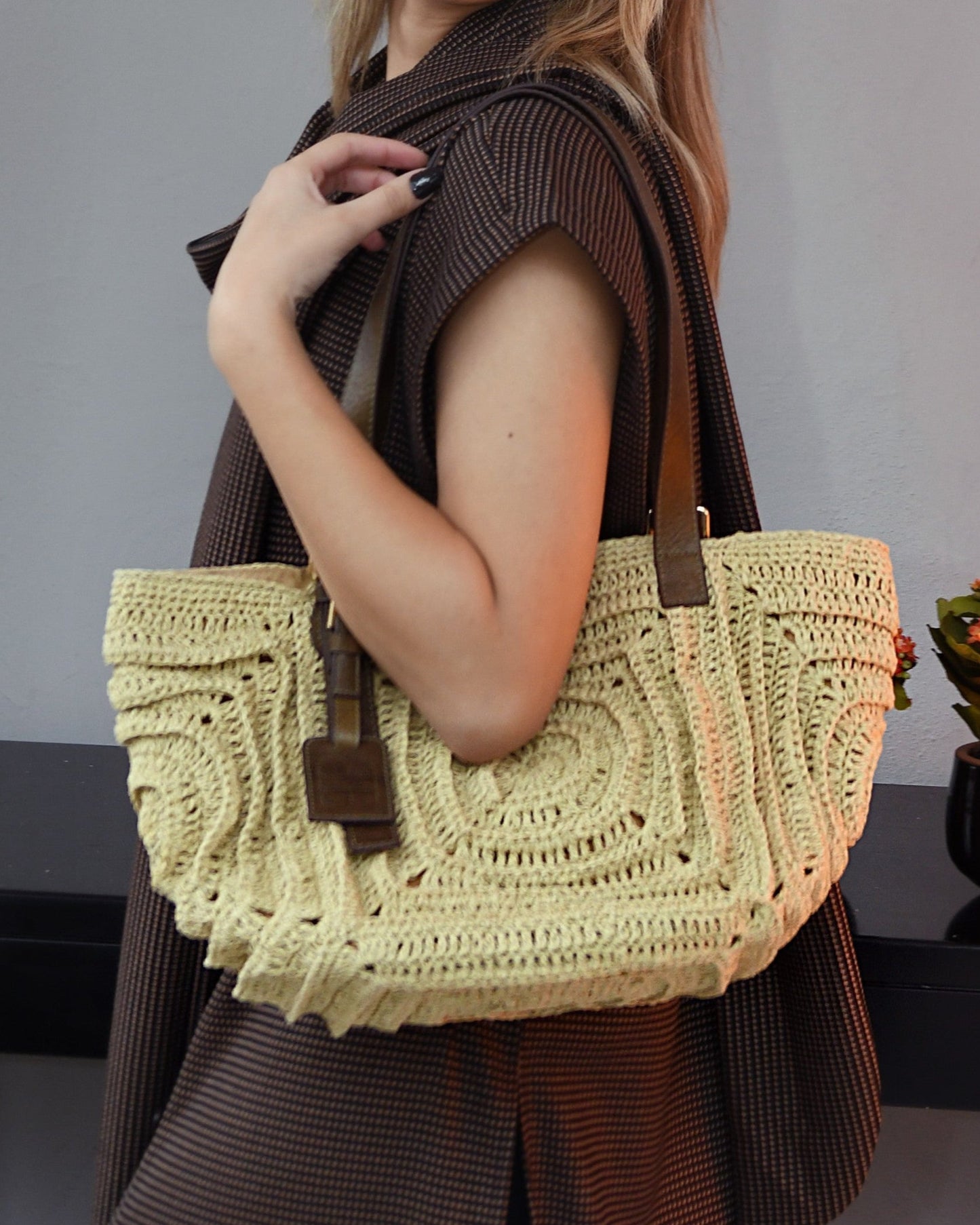 Giorgia - Beige Hand Woven Shoulder Bag with Leather Straps