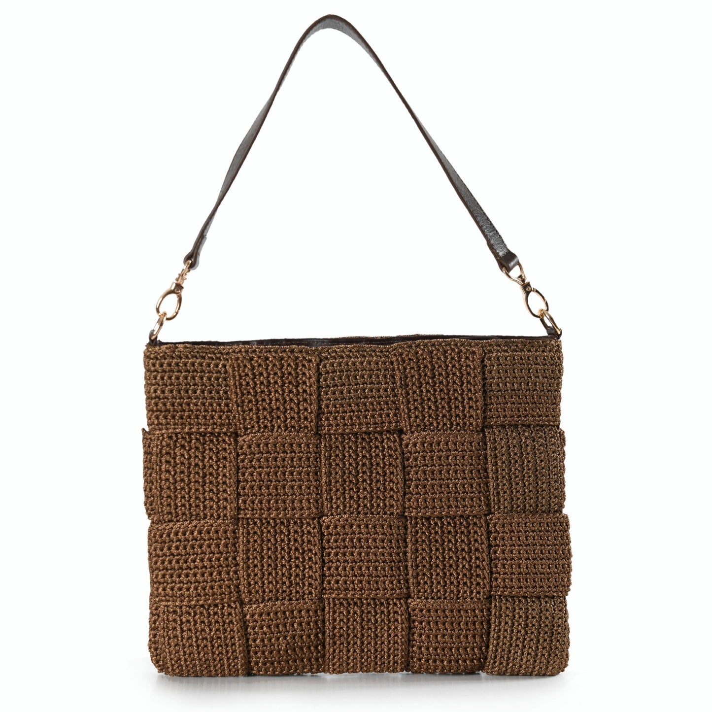 Paola - Brown Hand Woven Patchwork Shoulder Bag with Leather Straps