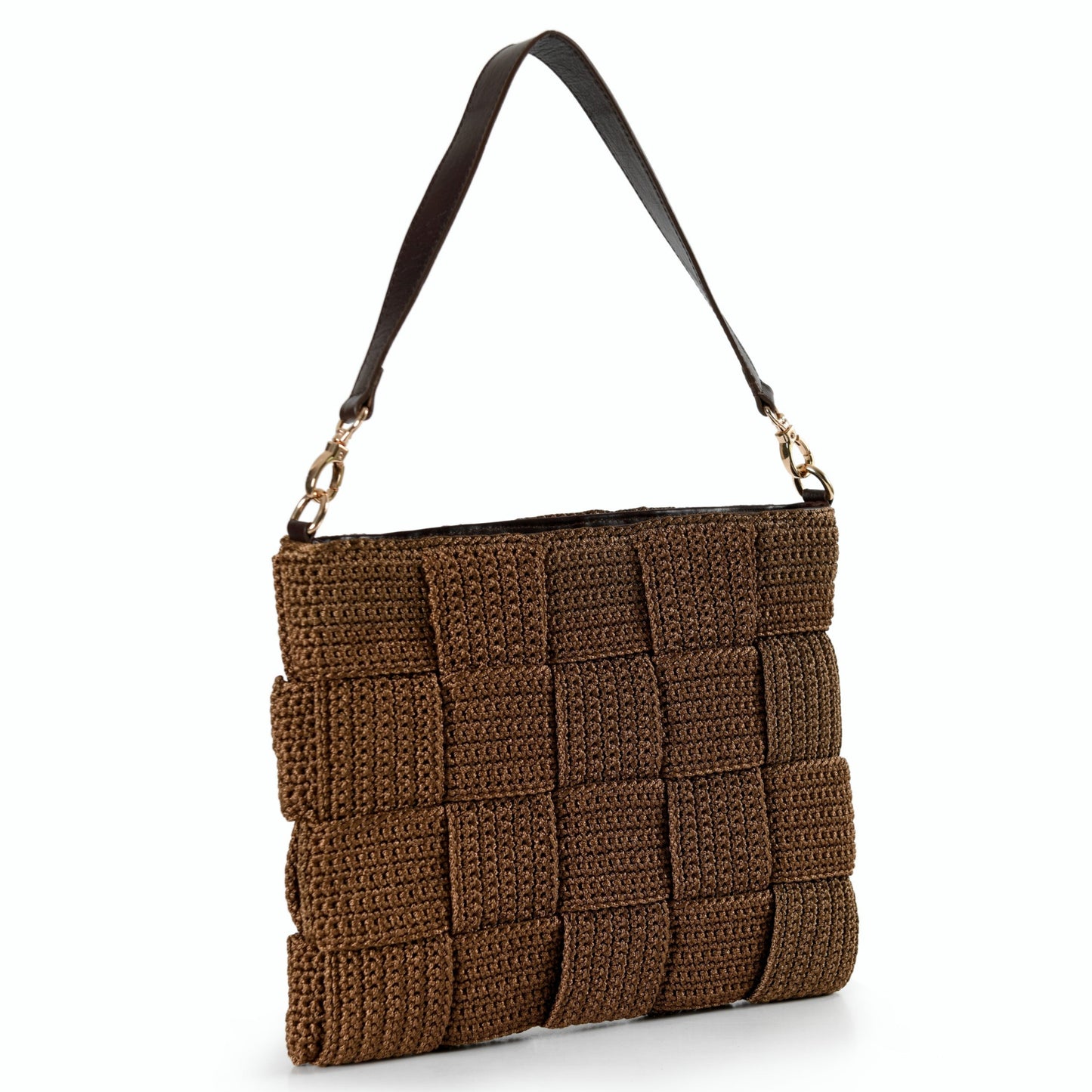 Paola - Brown Hand Woven Patchwork Shoulder Bag with Leather Straps