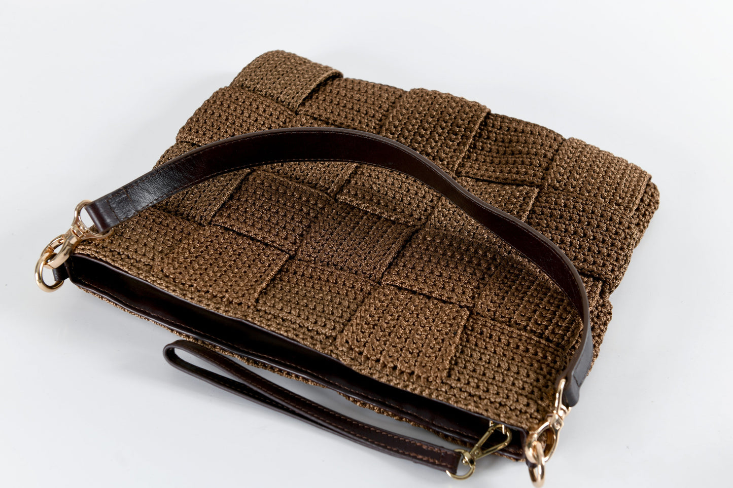 Paola - Brown Hand Woven Patchwork Shoulder Bag with Leather Straps