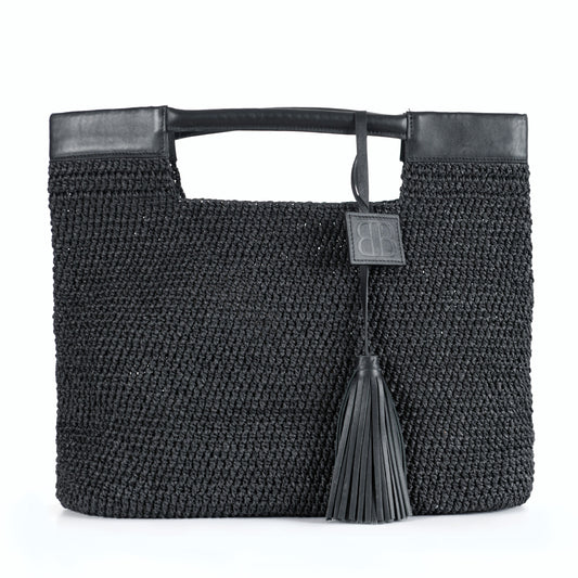Gabriella - Black Hand Woven Shoulder Bag with Leather Straps