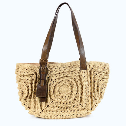 Giorgia - Beige Hand Woven Shoulder Bag with Leather Straps