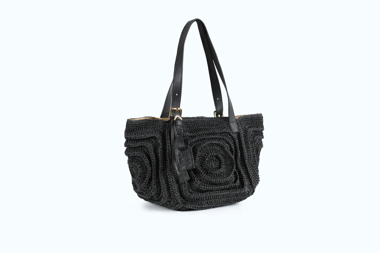 Giorgia - Black Woven Shoulder Bag with Leather Straps