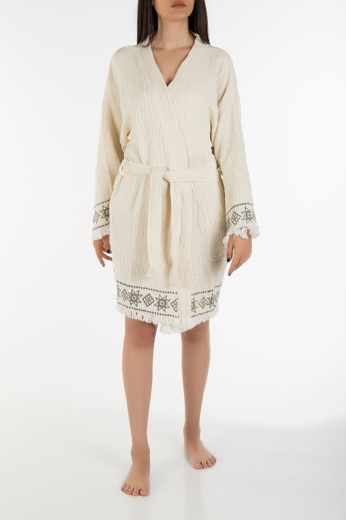 Melly - Beige Drawn Handmade Short Kimono